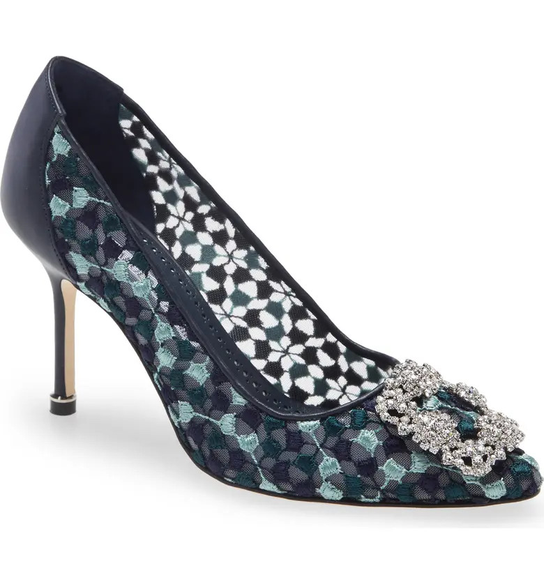 Manolo Blahnik Hangisi Crystal Buckle Embroidered Pump | Nordstrom | Nordstrom