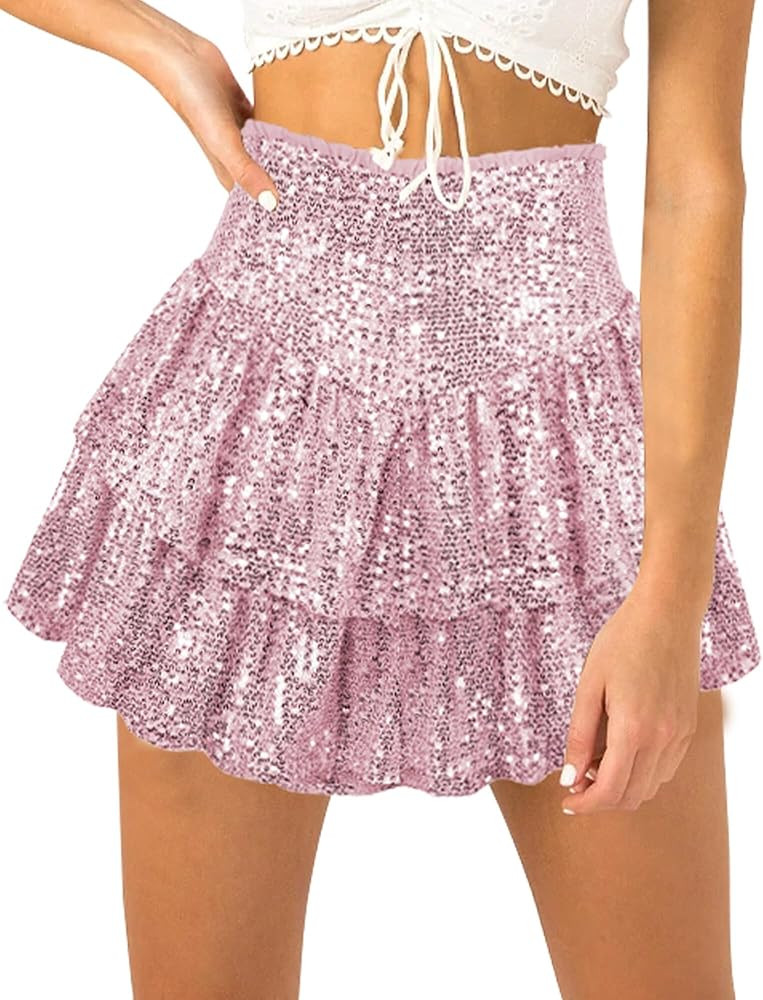 FEOYA Women Sequins Ruffle Skirt High Waist Glitter Flowy Skirt Layered Shiny Mini Skirt Built in... | Amazon (US)