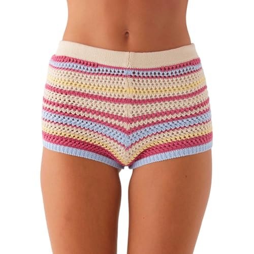 Aopwsrlyi Women's Crochet Mini Shorts Summer Beach Low Rise Striped Knit Micro Shorts (Pink, S) | Amazon (US)