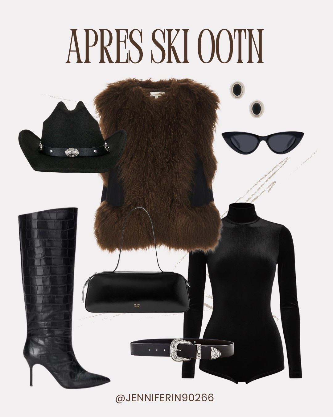 Apres ski chic in this @Susanna Chow shearling suede vest.  Step off the mountain and straight into martinis in 
all this texture instantly elevates a simple black base layer.  I styled mine with a sleek black turtleneck bodysuit by Seroya @Revolve , croc-embossed knee‑high, a statement silver‑buckle belt, and a structured top‑handle bag for that “Aspen after dark” moment.  👢🖤

#LTKTravel #LTKgrwm #LTKootd