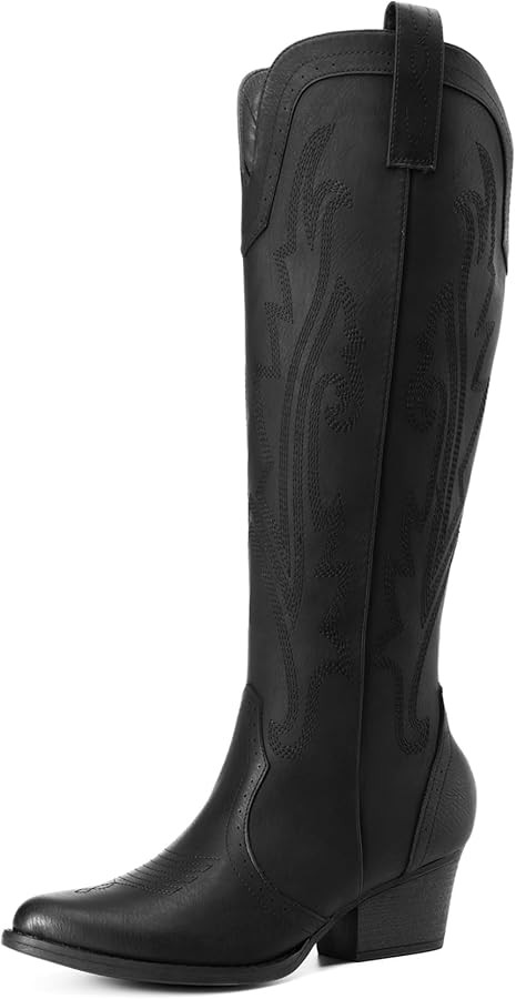DREAM PAIRS Womens Cowboy Knee High Boots Comfortable Pull On Side Zipper Chunky Heel Embroidered... | Amazon (US)