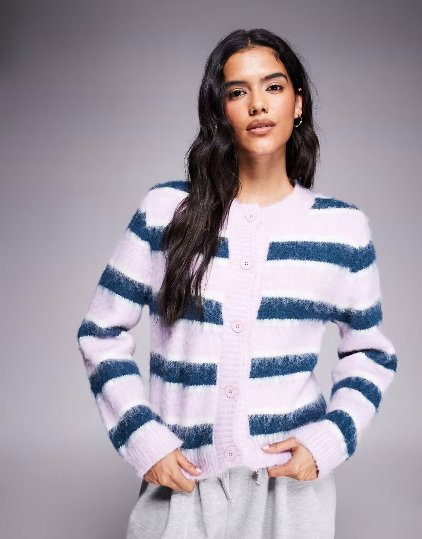 Kiwi & Co Darling contains wool fluffy knit button up cardigan in lilac & navy-Purple | ASOS (Global)