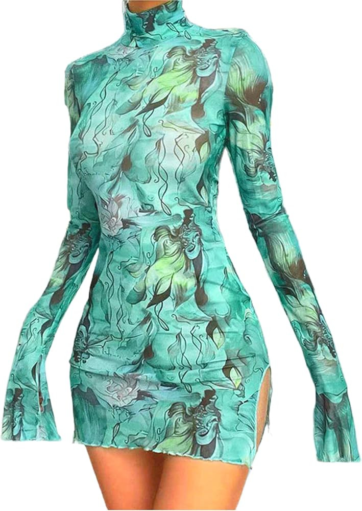 Amazon.com: Women’s Floral Tie Dye Sheer Mesh Mini Dress Sexy Mock Neck Split Bodycon Flared Lo... | Amazon (US)