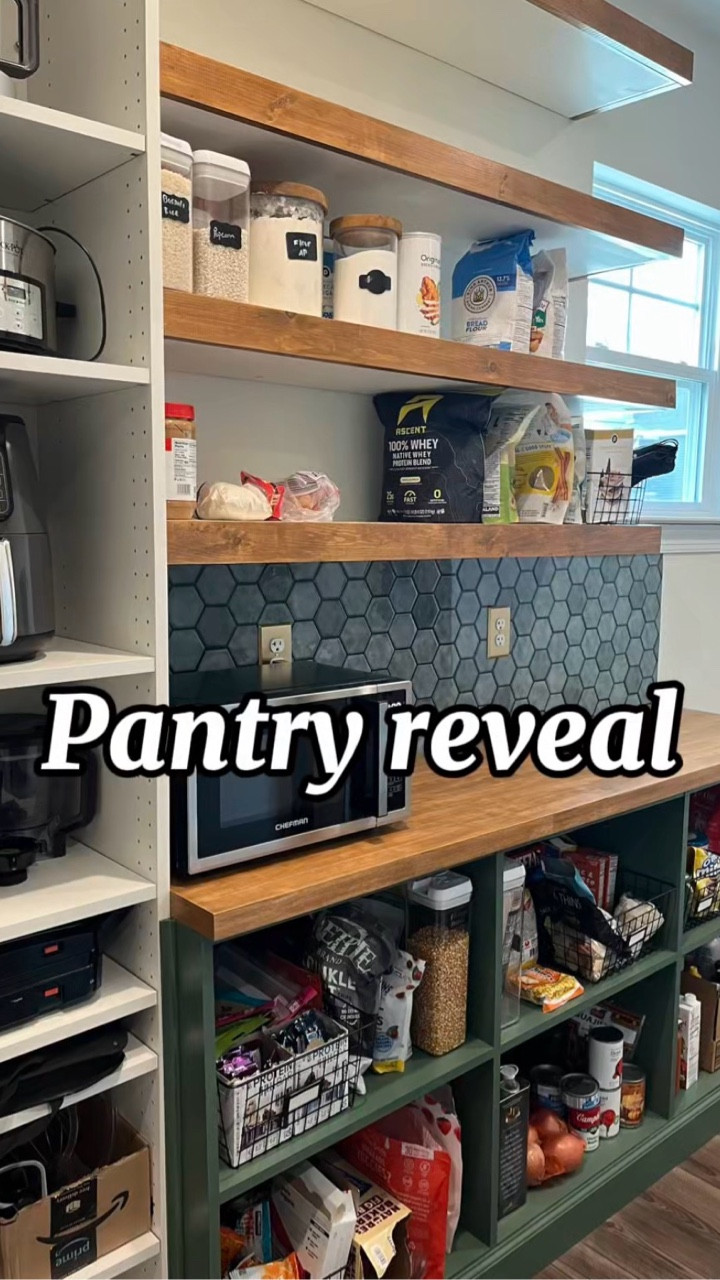 The pantry is done 👏 

This is your sign to ditch those builder grade wire racks and design something that improves the flow and function for your family! 

#diy #pantry #reveal #buildergradeupgrade