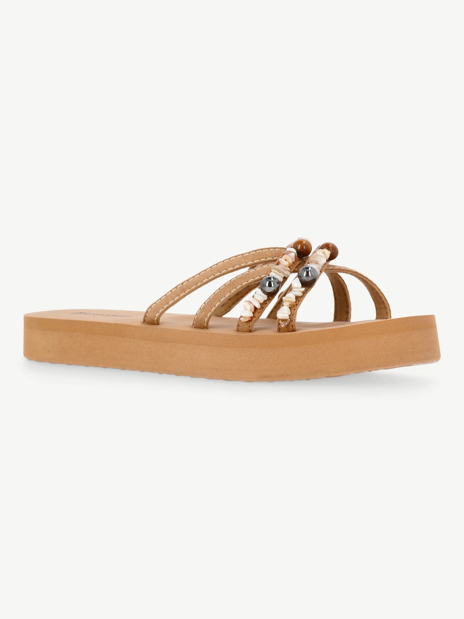 No Boundaries Faux Suede Flip Flop Sandals with Shell Embellishments, Women's | Walmart (US)
