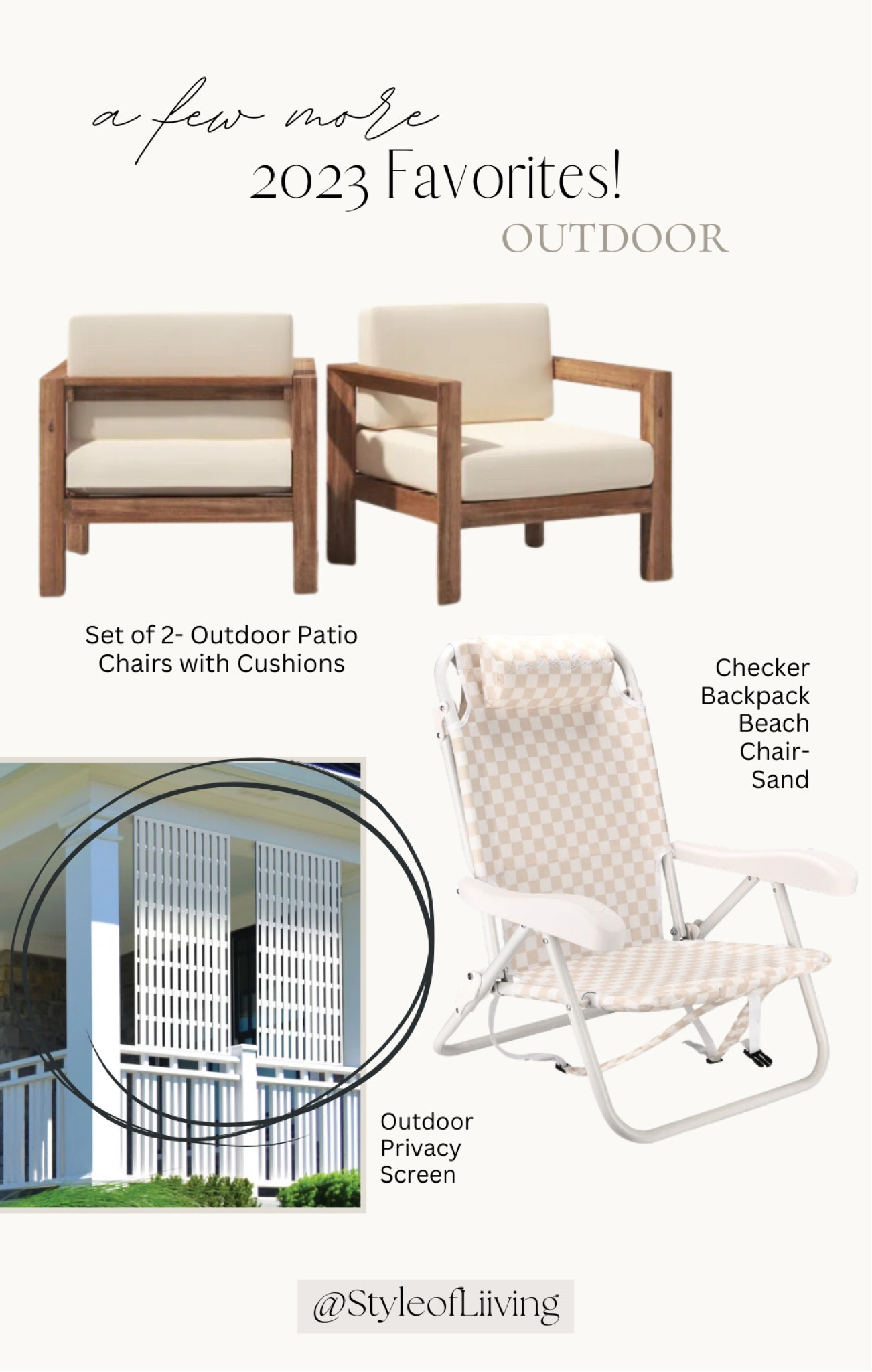 Outdoor favorites! Outdoor patio acacia chairs with cushions Wayfair, checker backpack beach chair in sand, outdoor privacy screen. #furniture 

#LTKstyletip #LTKSeasonal #LTKhome