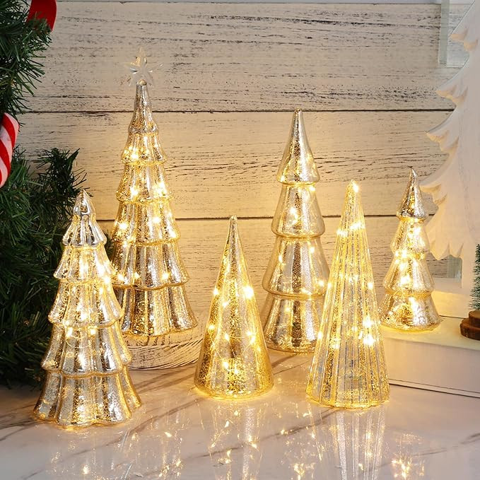 6 Pcs Mercury Glass Christmas Tree with Lights Battery Operated Lighted Tabletop Christmas Trees ... | Amazon (US)
