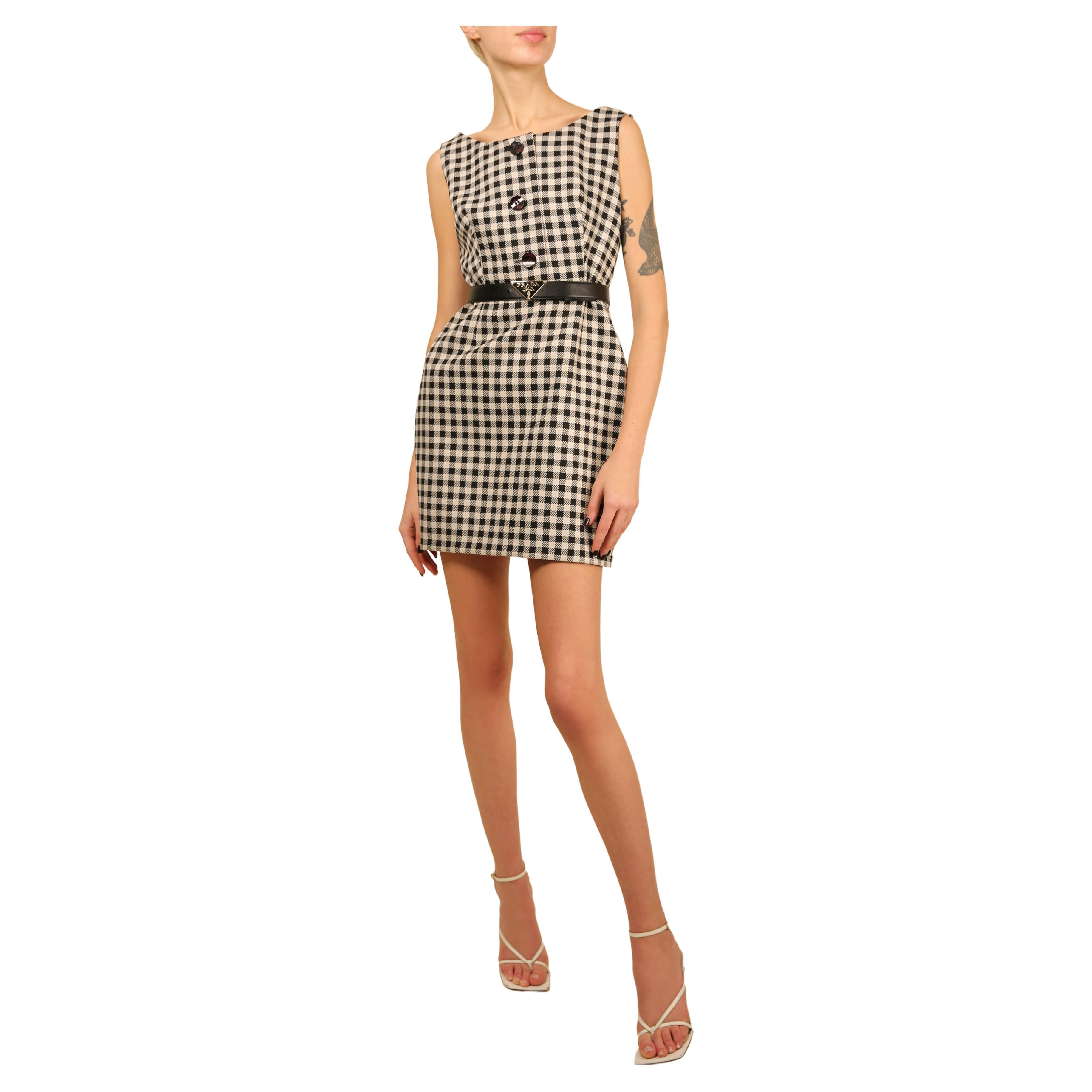 Prada Black & White Gingham Check Print Sleeveless Babydoll Style Mini Dress | 1stDibs