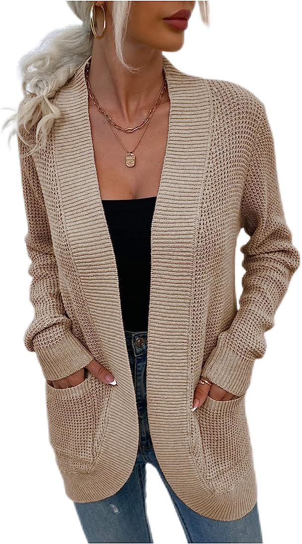 Womens Cardigan Long Sleeve Cable Knit Sweater Open Front Loose Outwear with Pocket | Amazon (US)