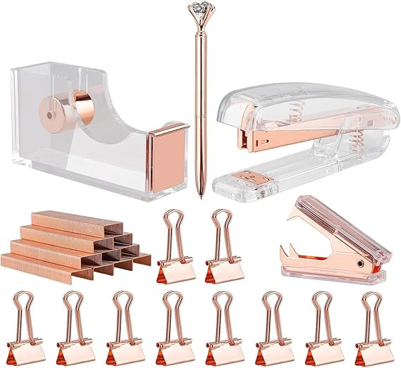 KIDMEN Rosegold Desk Accessory Kit,Set of Stapler, Staple Remover,1000pcs Staples,Tape Dispenser,... | Amazon (US)