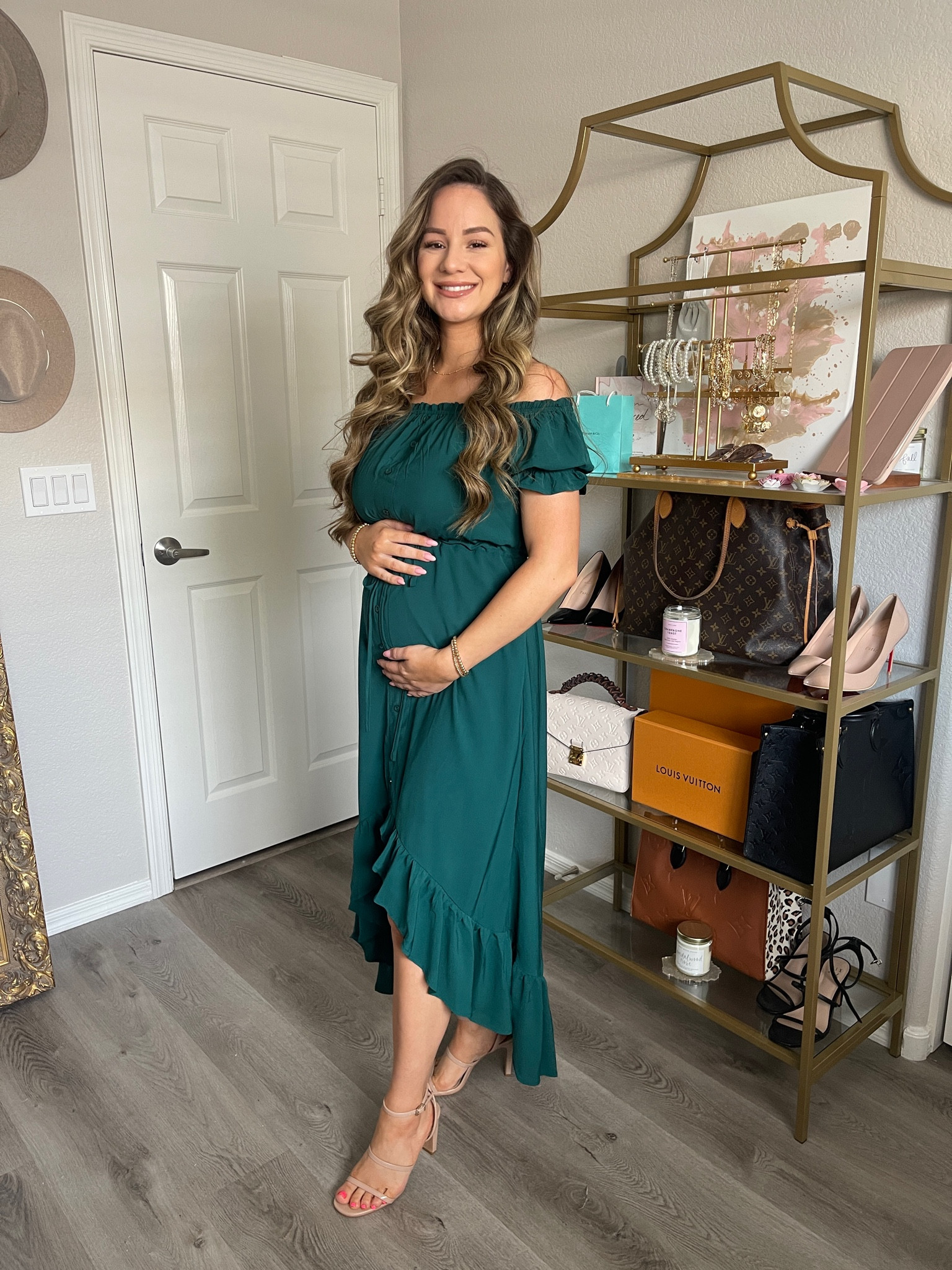 Amazon Dress (wearing small), DSW Nude Heels (tts/beige), off shoulder dress, spring outfit, spring dress, summer outfit, summer dress, midi dress, hight low dress, comfy dress, casual dress, cute dress, dress outfit, bump friendly, Amazon fashion #dress 

#LTKstyletip #LTKshoecrush #LTKbump