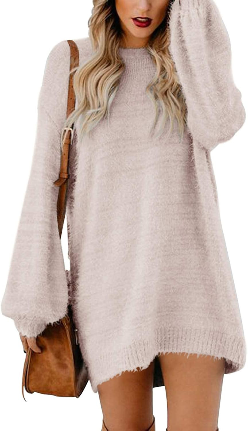 Cutiefox Women's Furry Oversized Crew Neck Pullover Sweater Mini Dress | Amazon (US)