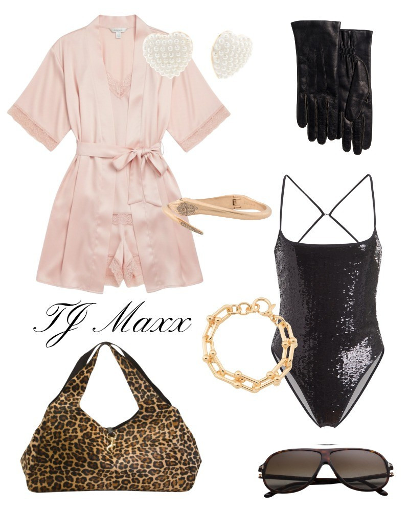 TJ Maxx luxury finfs, pink satin robe, snake ring, gold bracelet, sequin bodysuit, leather gloves, leopard purse, Pearl Heart earrings, holiday.

#LTKHoliday #LTKSaleAlert #LTKGiftGuide