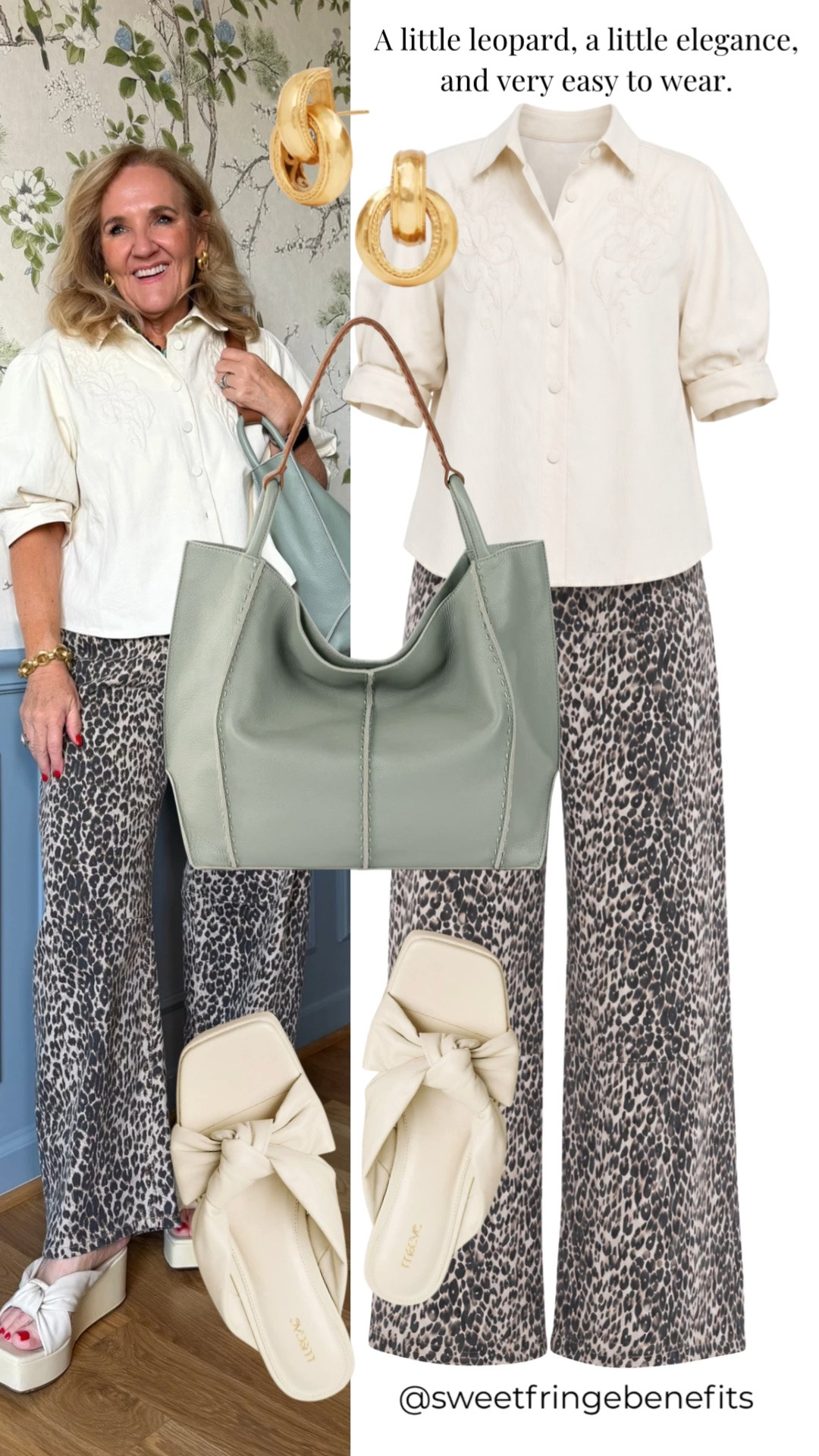 A little leopard, a little elegance, and very easy to wear. This embroidered white button-front top balances beautifully with relaxed leopard-print wide-leg pants, while the sage tote keeps the look fresh and polished.

💡 LTK MADE EASY
❤️ Heart = Support my posts!
🔖 Save = Get sale & restock alerts
📋 Lists = Keep favorites organized
📲 Share = Send lists and products to a friend. Hello, Christmas List!
💬 Comment = Ask me anything about what I'm wearing.:-)

#LTKootd #LTKWorkwear #LTKOver40