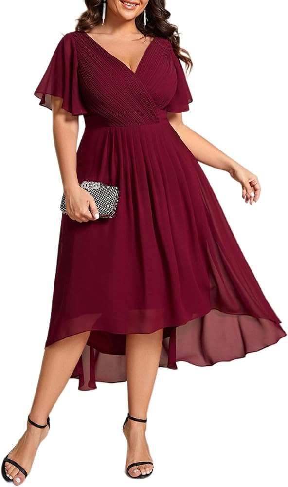 Ever-Pretty Wedding Guest Dress for Curvy Women A Line V Neck Chiffon Short Sleeves High Low Plus... | Amazon (US)