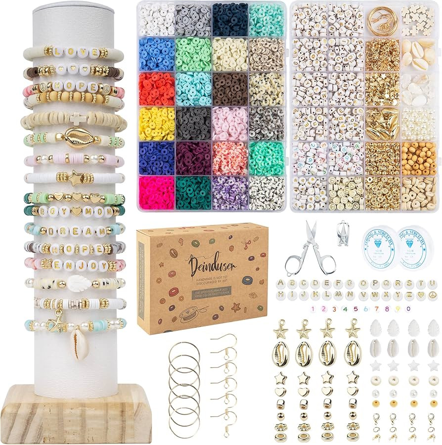 Deinduser Bracelet Making Kit - 7200pcs Clay Beads in 24 Colors, 2 Boxes - Includes Letter, Numbe... | Amazon (US)