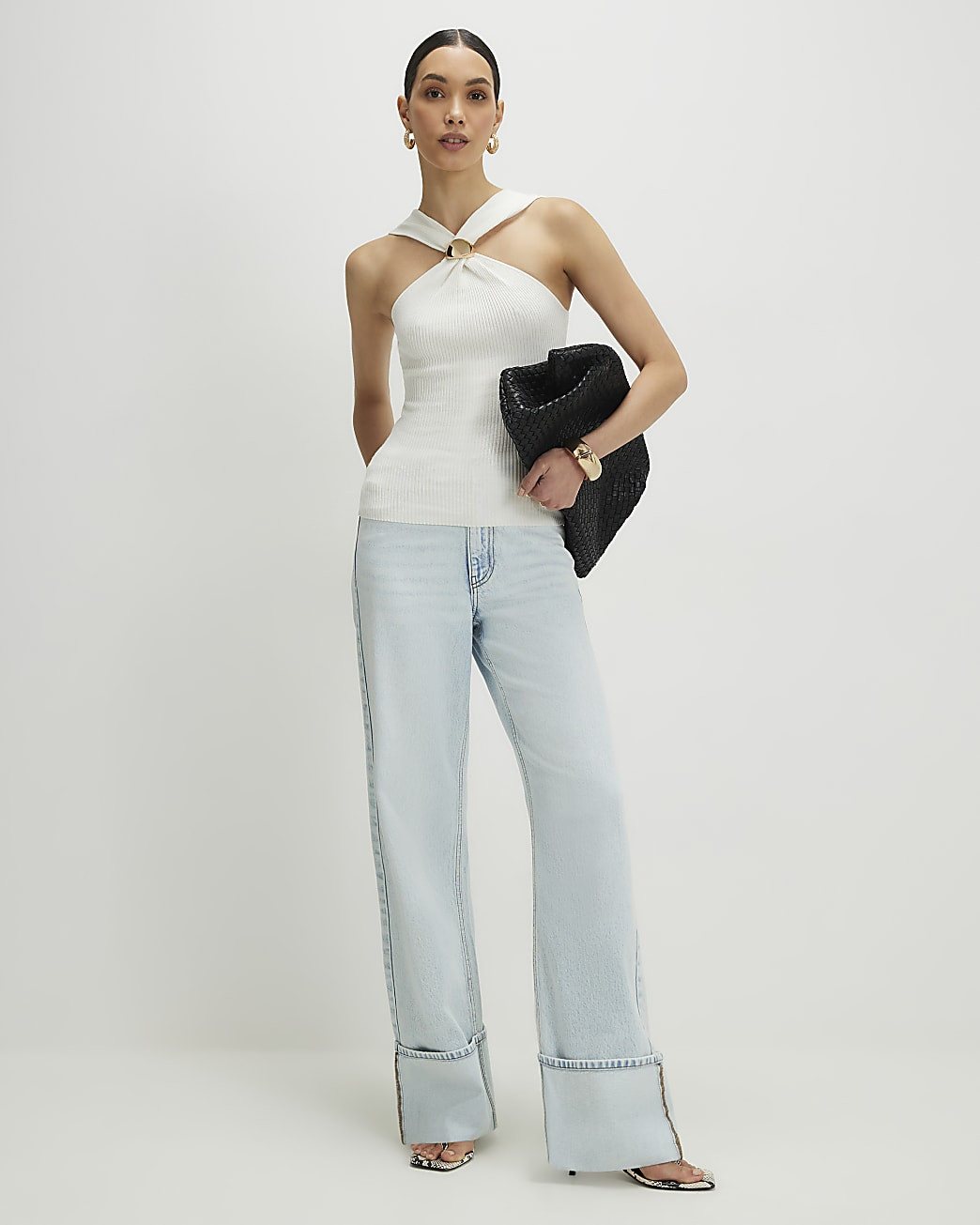 Cream Knitted Halter Neck Brooch Top | River Island UK & IE