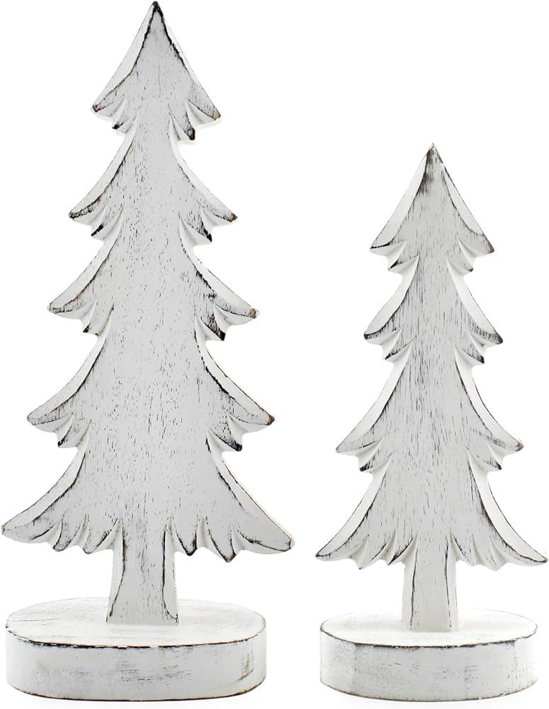 AuldHome Wooden Christmas Trees (Set of 2, Distressed White); Tabletop Handmade Mango Wood Trees ... | Amazon (US)