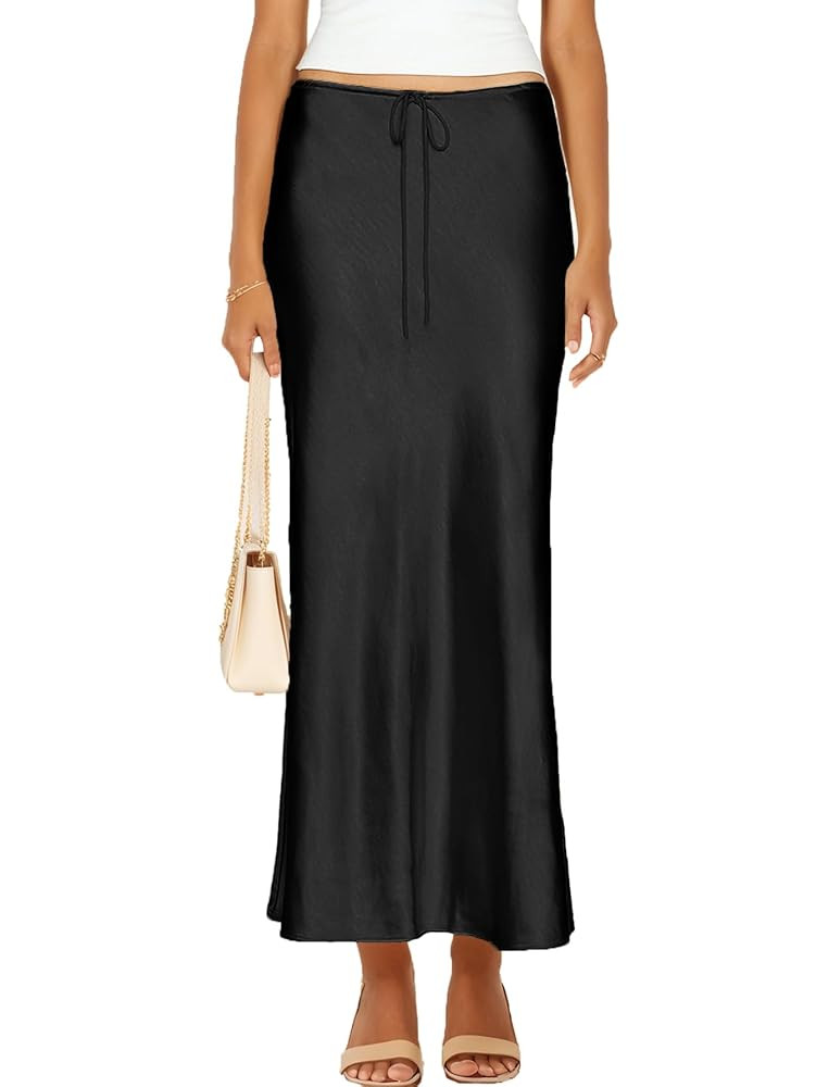 Womens Satin Silk Maxi Skirts Drawstring Flared Casual A-Line Long Skirt for Women | Amazon (US)