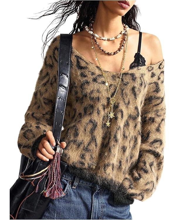 Floerns Women's Leopard Print Off-Shoulder Sweater Fall 2025 Trendy V Neck Loose Casual Long Slee... | Amazon (US)