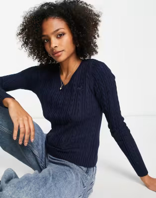 Hollister v neck cable knit jumper in navy | ASOS | ASOS (Global)