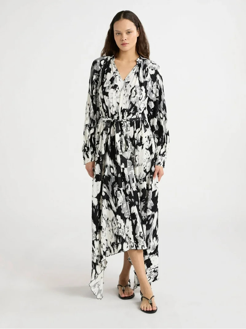 Scoop Women’s and Women's Plus Pleated Handkerchief Hem Dress with Long Sleeves, Sizes XS-4X | Walmart (US)