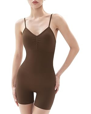PUMIEY Women's V Neck Spaghetti Strap Jumpsuits Seamless Workout Unitard Rompers Power Collection | Amazon (US)