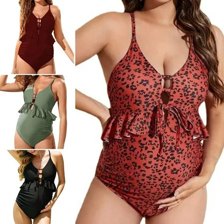 Travelwant Maternity One Piece Swimsuit Elegant V Neck Stretchy Ruched Summer Beachwear | Walmart (US)