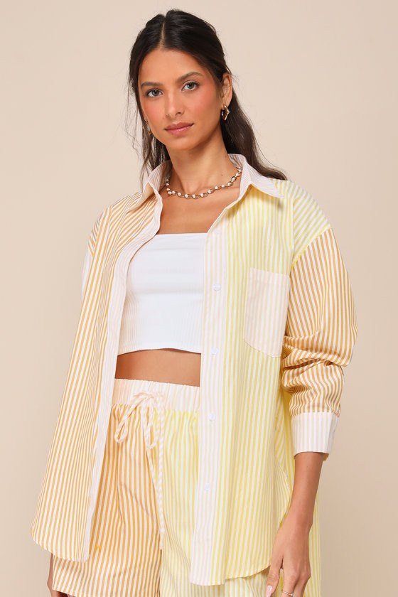 Remarkably Adorable Yellow Multi Striped Patchwork Button-Up Top | Lulus