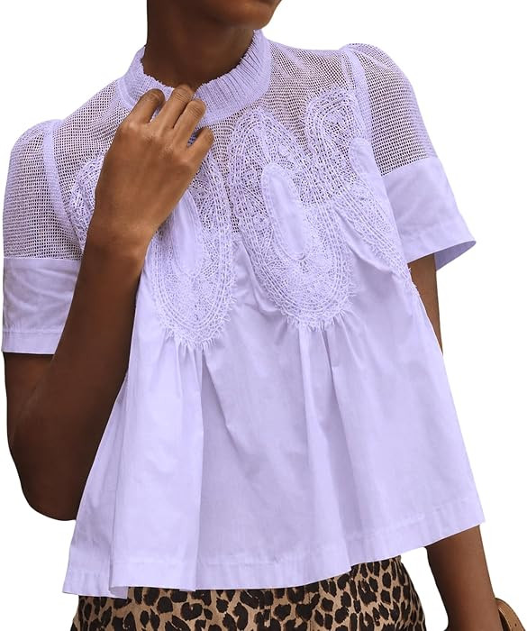 VAOYIU Women Lace-Detail Flared Blouse Short-Sleeve Crew Neck Lace Poplin Mesh Swing Top Elegant ... | Amazon (US)