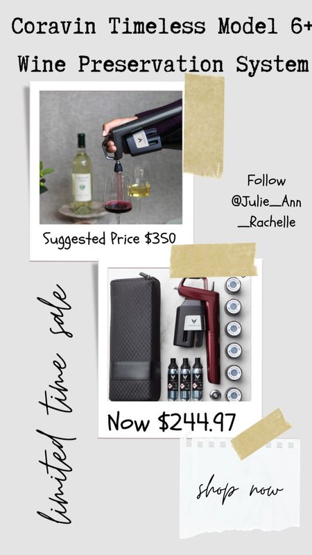 Limited time sale at Williams Sonoma:  Coravin Timeless Model 6+ Wine Preservation System. ONLY AT WILLIAMS SONOMA
Limited Time Offer
Sugg. Price $349.95
Our Price $244.97

Serve your favorite vintages without removing the cork, then preserve them for weeks, months or even years. This wine-by-the-glass system from Coravin is ingeniously designed to "tap" the cork of a bottle, extract a controlled pour and fill the vacant space with pure argon gas to prevent oxidation. Created in an exclusive holiday hue, the system comes with a cap replacement for preserving wine in screw-cap bottles, and a durable carrying case for easy transport and storage.

Serves and preserves wine without removing cork – for weeks, months or even years.
When wine is poured, oxygen in bottle is replaced with pure argon gas to prevent oxidation.
Works with natural corks and screw-cap bottles.
SYSTEM INCLUDES:
Wine server
3 argon gas capsules
6 screw caps
Aerator
Needle clearing tool
Bottle sleeve
Carrying case

#LTKwedding #LTKhome #LTKsalealert