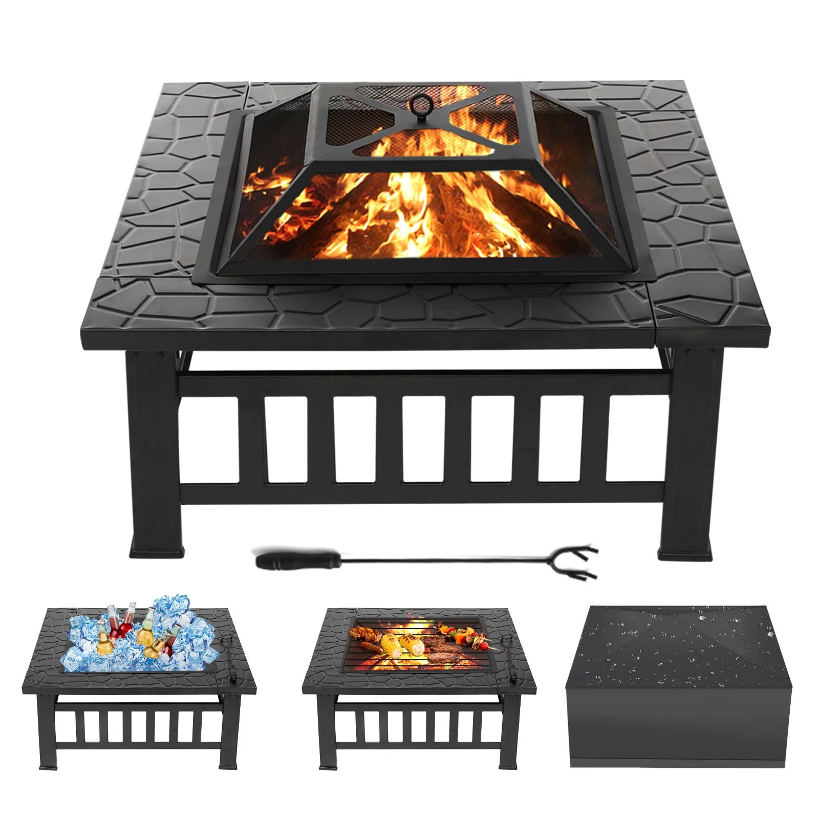 32 inch Fire Pit Table for Outside Square Outdoor Fire Pit Wood Burning BBQ Tabletop Firepit Meta... | Walmart (US)