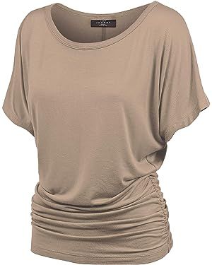 Made By Johnny Women's Solid Short Sleeve Boat Neck V Neck Dolman Top with Side Shirring | Amazon (US)