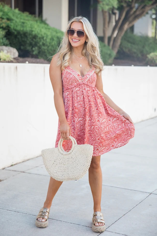 In The Chorus Red Printed Halter Neck Dress | Pink Lily