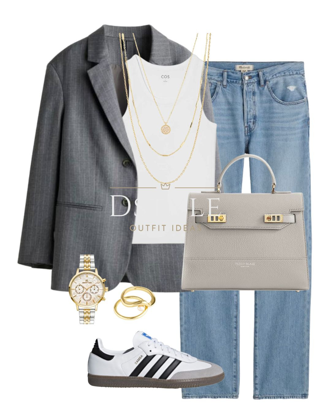 Dark grey melange/pinstriped oversized blazer, white top, Teddy Blake light grey bag, straight jeans, white Adidas Samba OG, layered chain necklace.
work wear, spring style, spring office look 

 

#LTKStyleTip #LTKWorkwear #LTKItBag