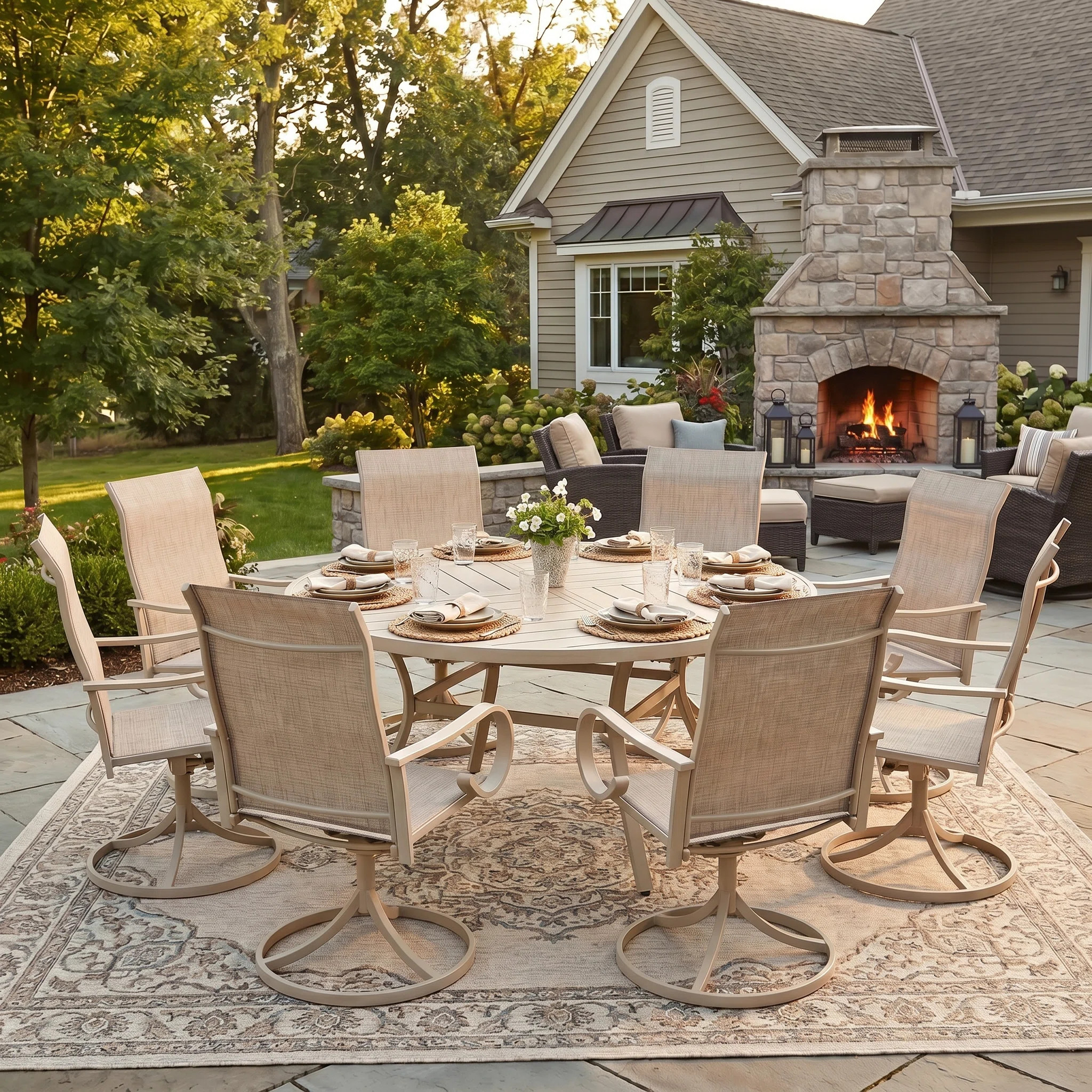 8-Person Round Patio Dining Set With Swivel Textilene Chairs | Wayfair North America