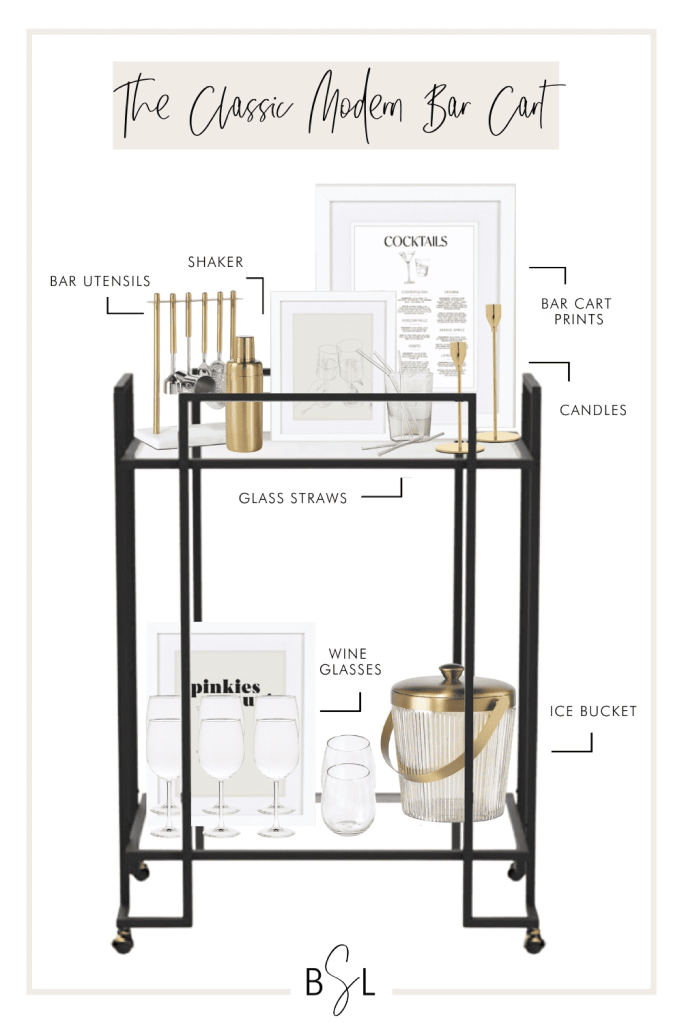 Love this bar cart design for a classic modern bar cart look! #barcartideas #collegebarcart #barcarts