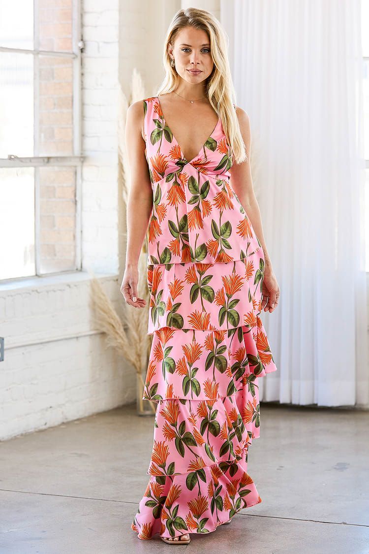 Party in Palm Springs Pink Floral Print Satin Tiered Maxi Dress | Lulus (US)