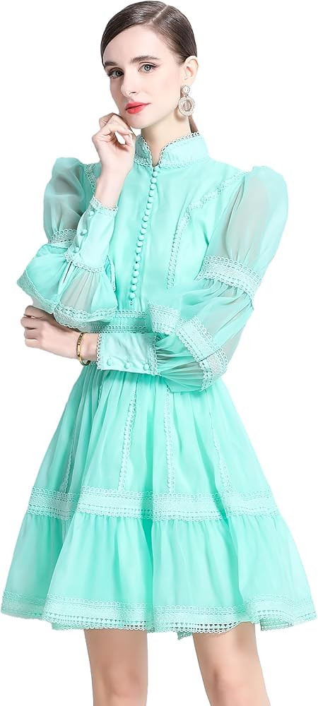 LAI MENG FIVE CATS Women's Puff Sleeves High Collar Hollow Mesh Pleat Layered Hem Solid Color Min... | Amazon (US)