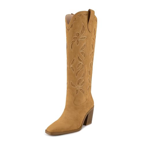 ISNOM Brown Cowboy Boots for Women - Western Knee High Cowgirl Thigh High Country Tall Boots - Almond Toe Square Toe - Suede | Amazon (US)