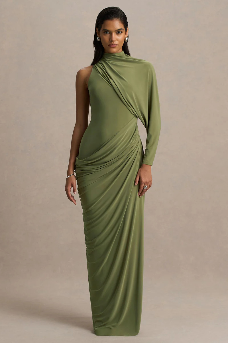 Aphra  Green High-Neck Maxi Dress With Cape-Sleeve | Club L London
