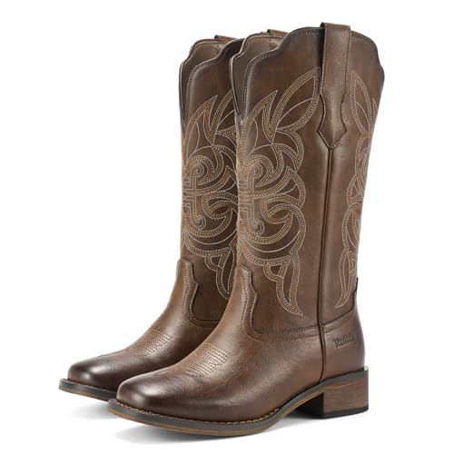 Rollda Cowgirl Boots Cowboy Boots for Women Square Toe Mid Calf Western Boots Ladies Fashion Boots with Chunky Heel Bronze Size 7 | Amazon (US)