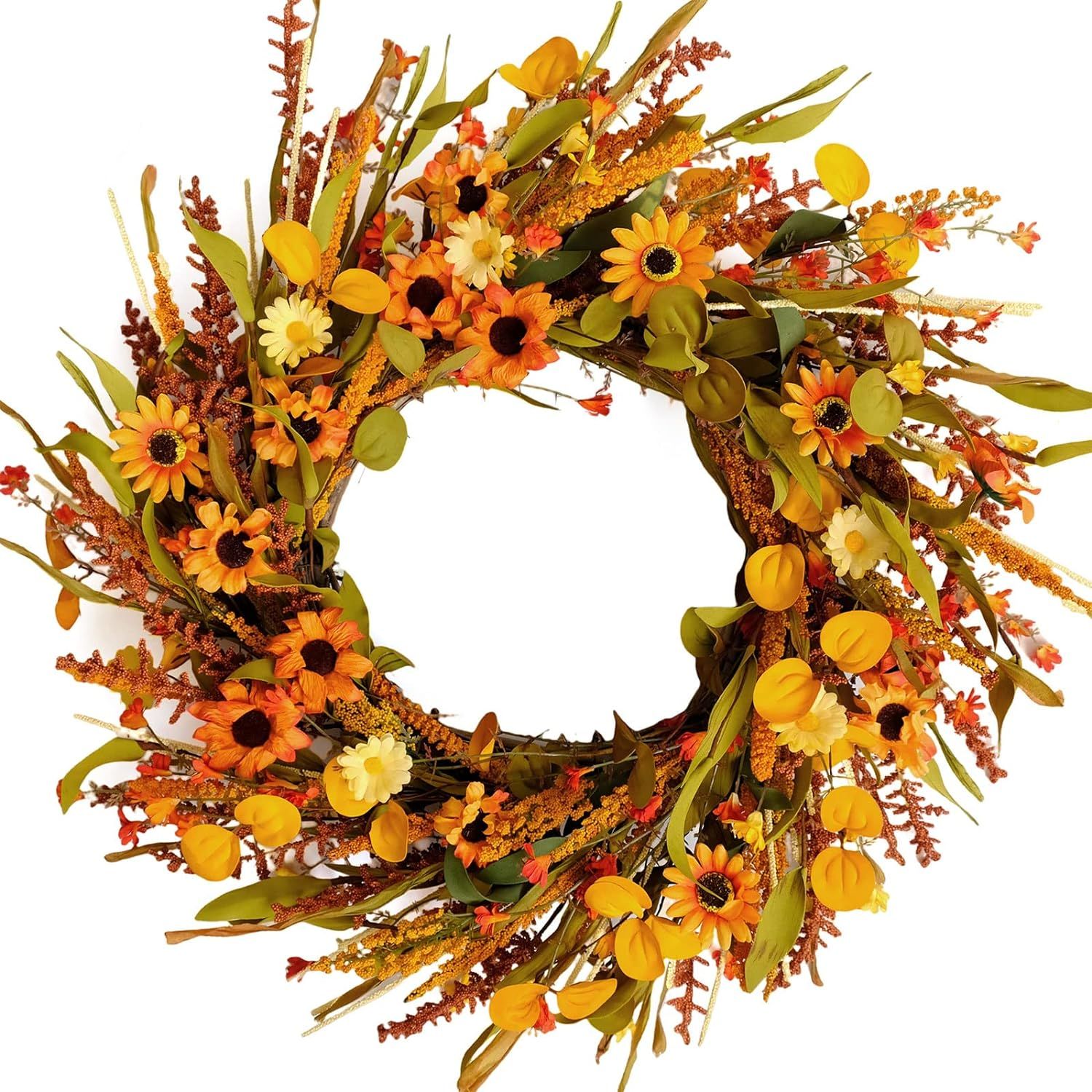 idyllic 20 Inches Harvest Wreath, Yellow and Orange Daisies Flowers, Ear of Wheat, Green and Spri... | Amazon (US)