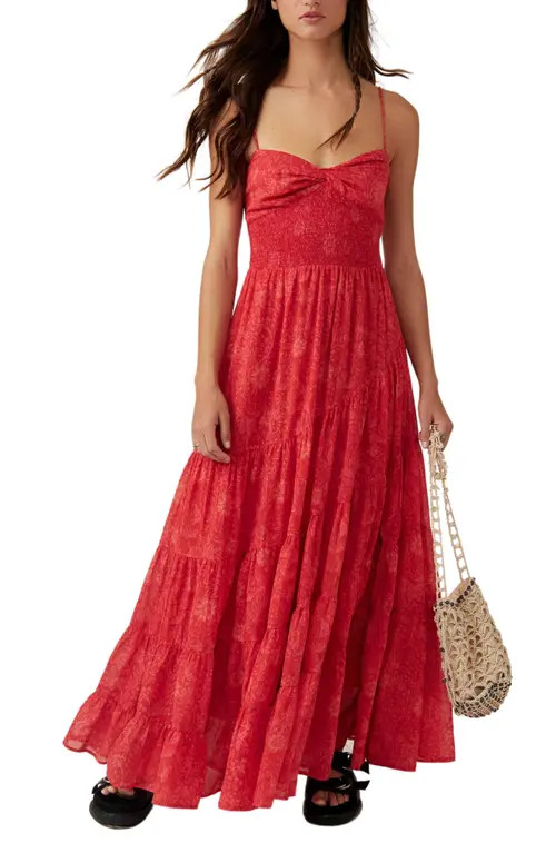 Free People Sundrenched Floral Smocked Bodice Maxi Sundress in Hot Pink Combo at Nordstrom, Size Med | Nordstrom