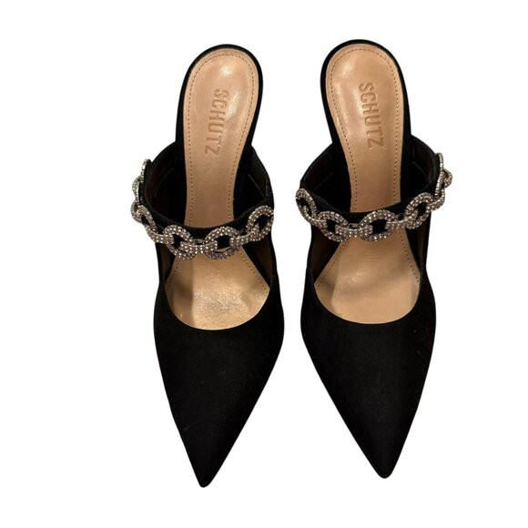 Schutz Elisah Black Slip On Pointed Embellished Stiletto Heeled Pumps Mule 8.5 | Poshmark