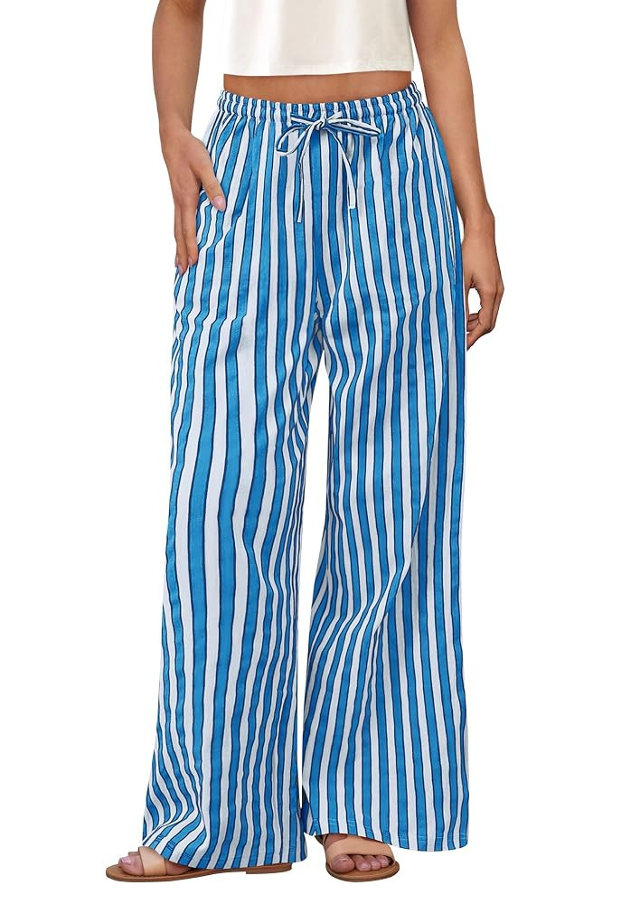 PRETTYGARDEN Women's Wide Leg Lounge Pants 2025 Summer Drawstring Elastic Waist Comfy Striped Paj... | Amazon (US)