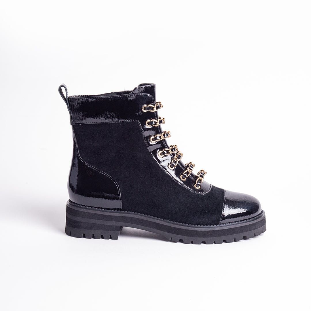 CECELIA NEW YORK- CHANCE COMBAT LOW ZIP CHAIN BOOT BLACK SUEDE | Cecelia New York