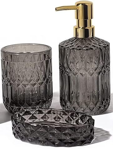 EMPO Bathroom Glass Accessories Set (Lotion Soap Dispenser, Soap Dish, Toothbrush Holder, Tumbler, Cotton Swab Jar) Contemporary Modern Decor Crystal Clear Vintage Gift (3pcs Gray) | Amazon (US)