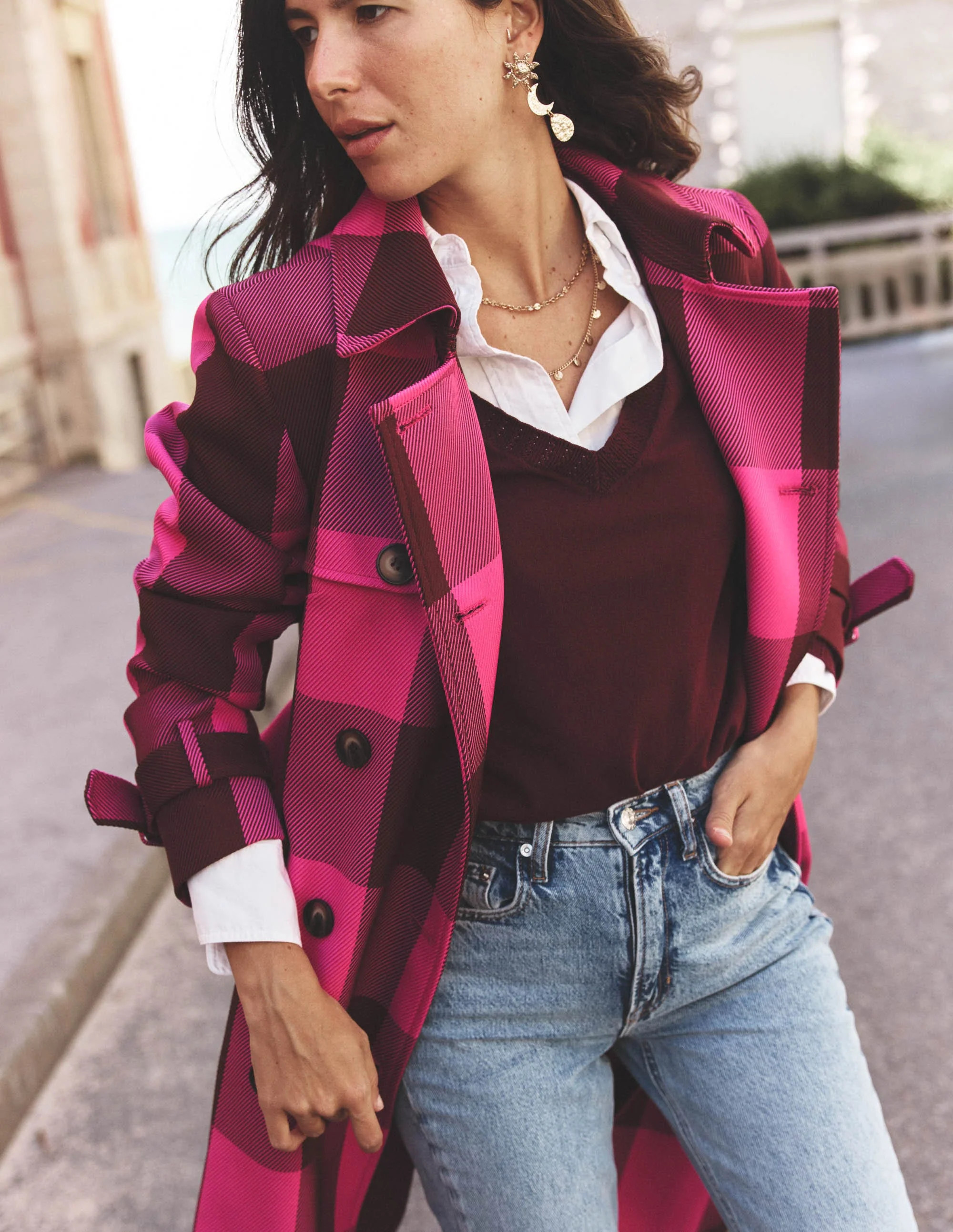 Cheltenham Trench Coat-Pink Peony, Chestnut Gingham | Boden (US)