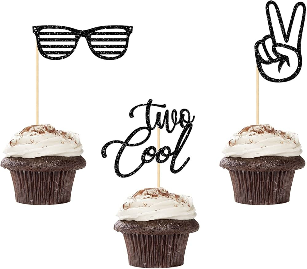 Two Cool Cupcake Toppers, Boy Second Birthday Party, 2nd Birthday Party Decorations, Glitter Blac... | Amazon (US)